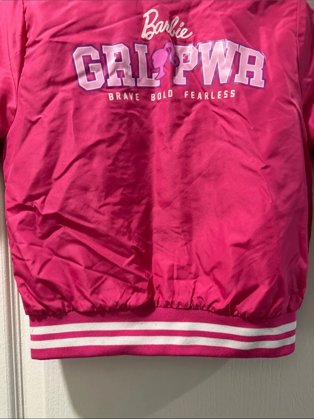 Barbie Hot Pink Kids Puffer Jacket with Striped Trim Size 4-5